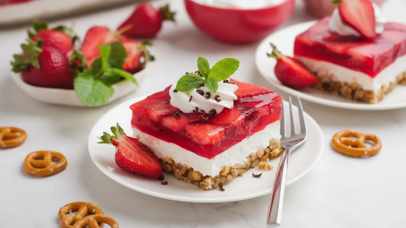 A slice of strawberry pretzel salad with a pretzel crust, creamy white filling, and strawberry gelatin topping, garnished with whipped cream and fresh strawberries