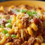 Minced beef mac and cheese in a skillet, featuring creamy macaroni pasta mixed with seasoned ground beef, melted cheese, tomato sauce, and topped with chopped green onions.
