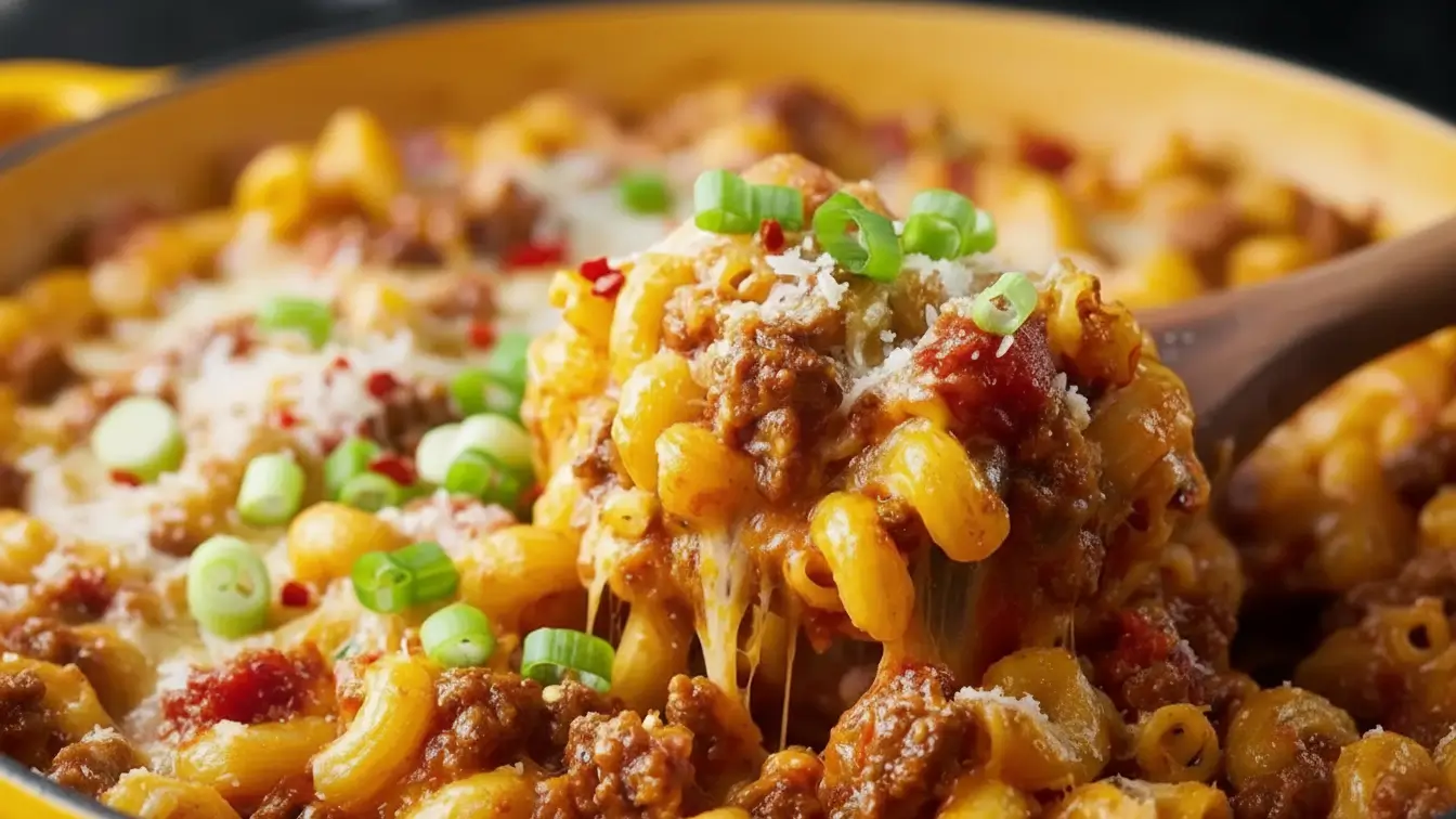 Minced beef mac and cheese in a skillet, featuring creamy macaroni pasta mixed with seasoned ground beef, melted cheese, tomato sauce, and topped with chopped green onions.