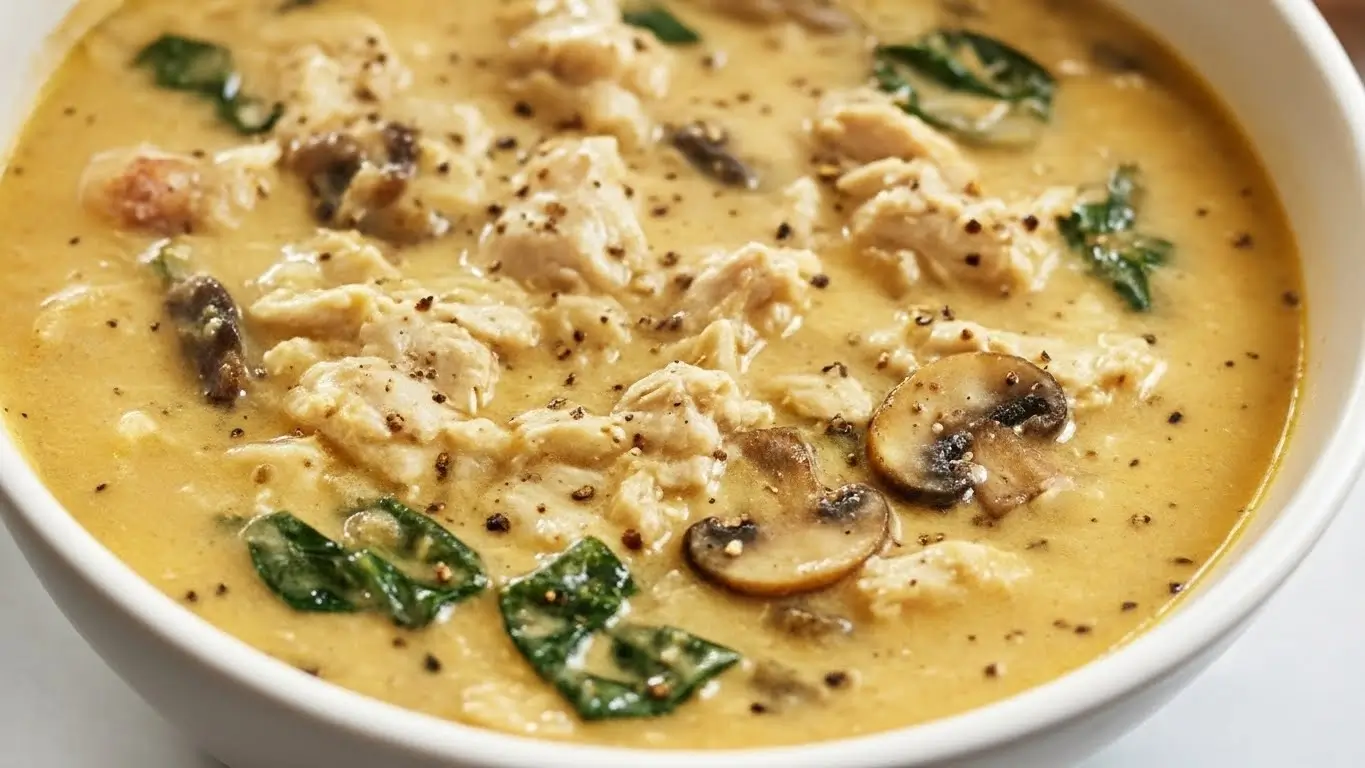 Creamy rotisserie chicken mushroom soup in a white bowl, with tender shredded chicken, sliced mushrooms, spinach leaves, and black pepper in a rich golden broth.