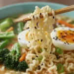 Creamy ramen noodle soup served in a light blue bowl, with soft-boiled eggs, curly noodles, broccoli florets, sliced mushrooms, green onions, carrots, and black sesame seeds in a rich broth.