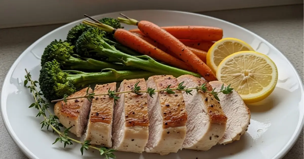 Juicy sliced chicken breast served with broccoli, carrots, lemon, and herbs, showing one of the best boneless skinless chicken breast recipes.