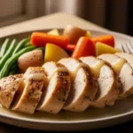 Final plated slow-cooked chicken breast with vegetables for chicken breast crockpot recipes.
