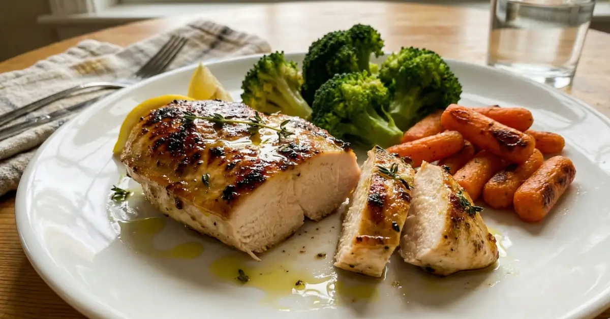 Pan-seared juicy chicken breast with vegetables and lemon, showing one of the best ways to cook chicken breast for a flavorful and healthy meal.